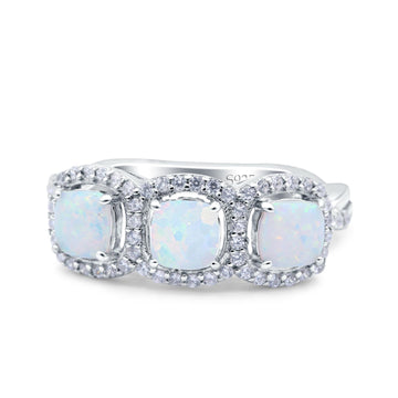 Halo Cushion Art Deco Three Stone Wedding Bridal Ring Lab Created White Opal 925 Sterling Silver